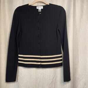 Rena Rowan Women Silk Blend Cardigan - Small Black Stripe Detail Long Sleeve EUC